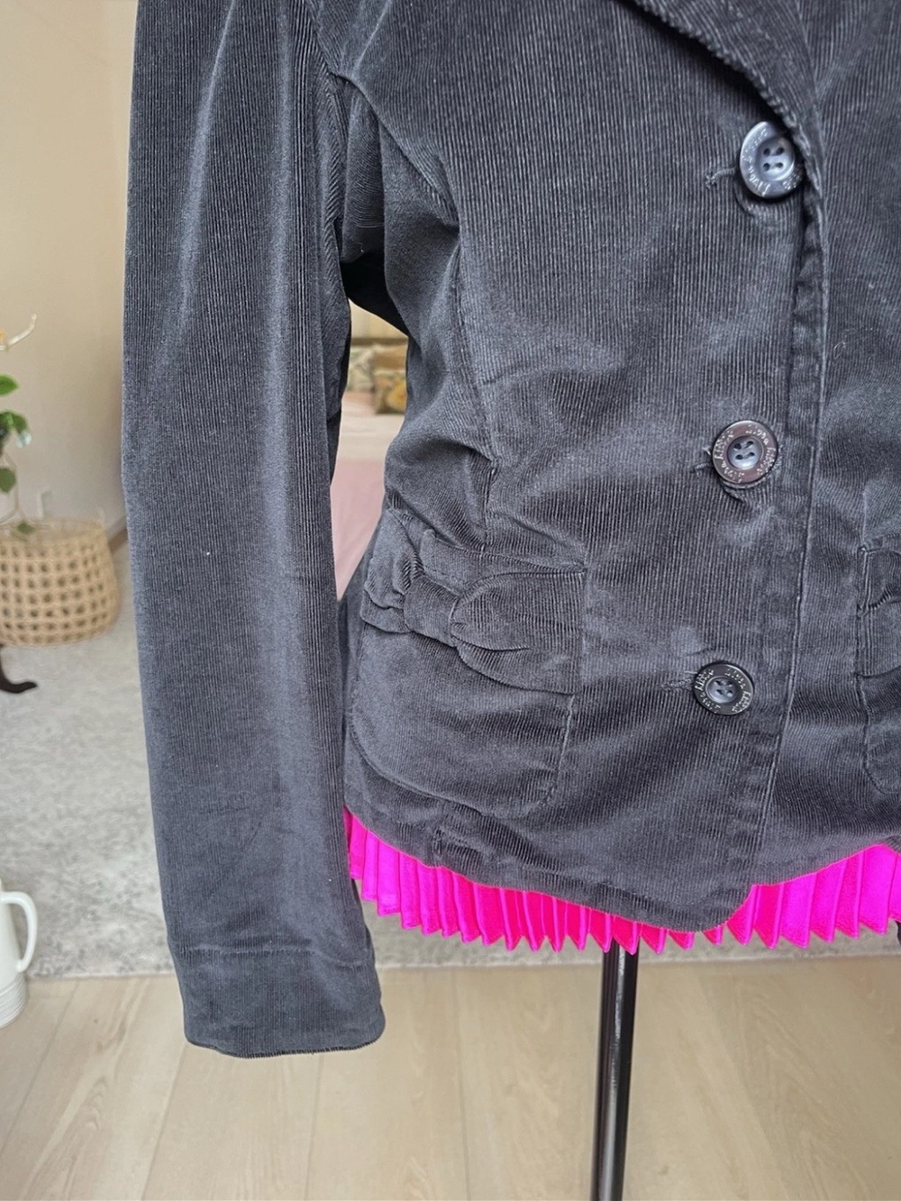 Live A little Black Corduroy Jacket Women Medium Y2K Button Up π Pockets Gilmore - Picture 4 of 12
